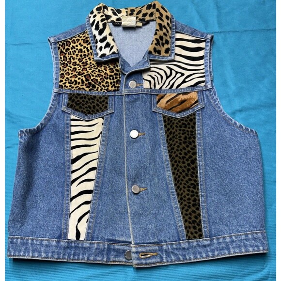 Jackets & Blazers - Vintage WHITTALL & SHON Denim Vest Animal Print Patchwork Leopard Zebra Size M